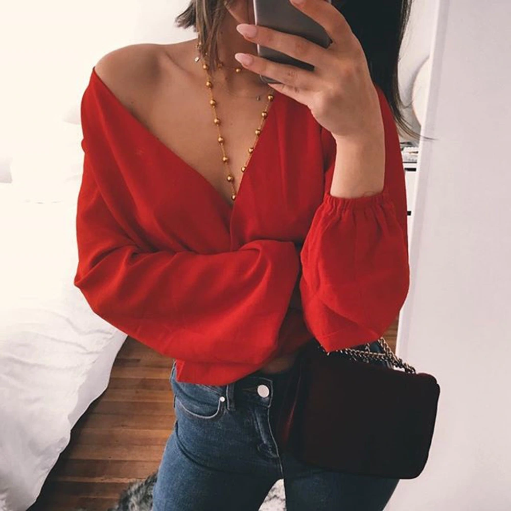 Backless V-neck Long Sleeve Pullover Chiffon Shirt