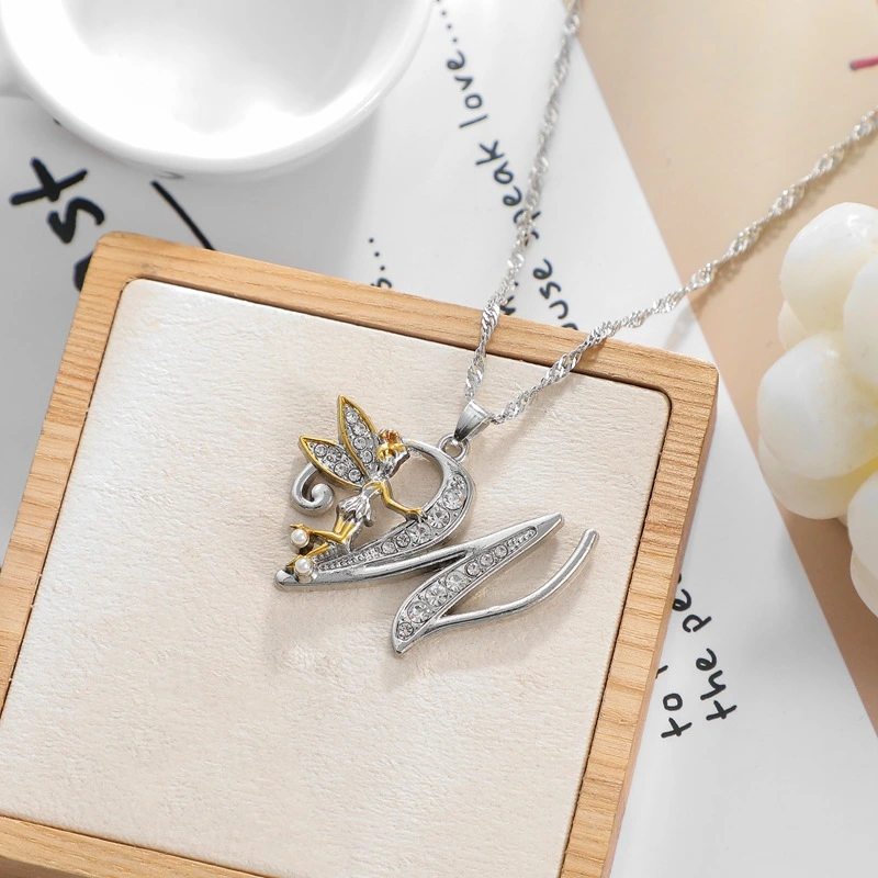 Fashion Diamond Flower Fairy Necklace With 26 English Letters