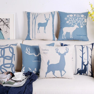 Blue elk retro cotton and linen pillowcase