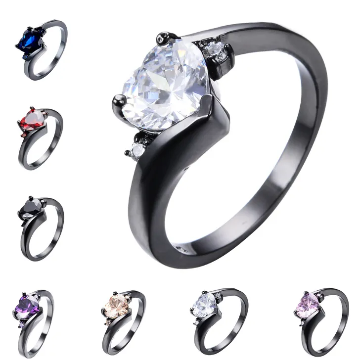 New European and American fashion peach heart three-prong ring set with zircon black gold ring