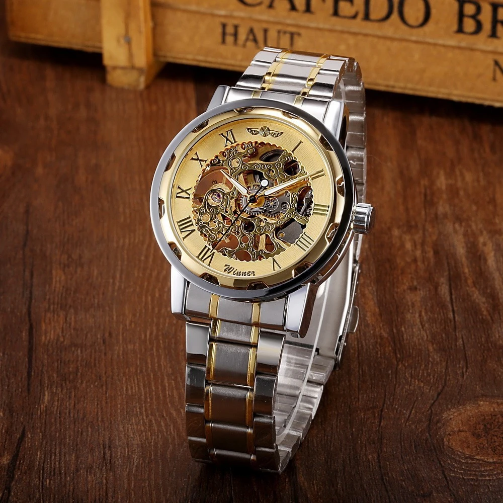 The winner men's fashion business casual space engraved gold watchband manual mechanical watches