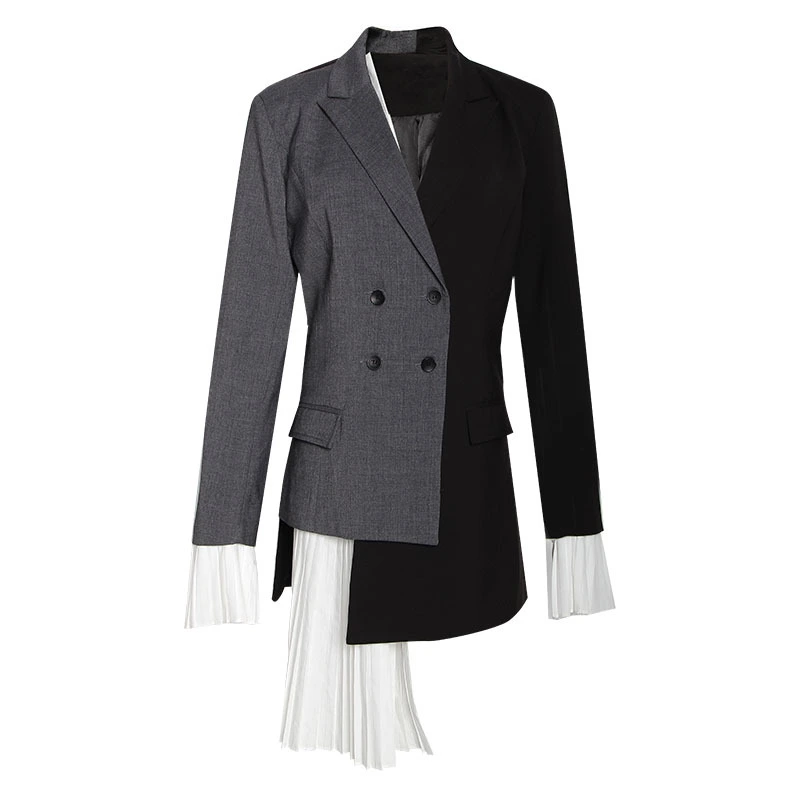Outerwear Women Europeans and Americans Design Asymmetrical Colour Colouring Personality Stitching Lotus Leaf Edge Slender Medium-length Small Suit
