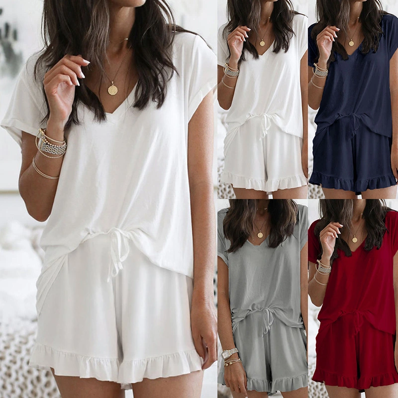 Simple Women's V-Neck Solid Color Casual Home Service Suit