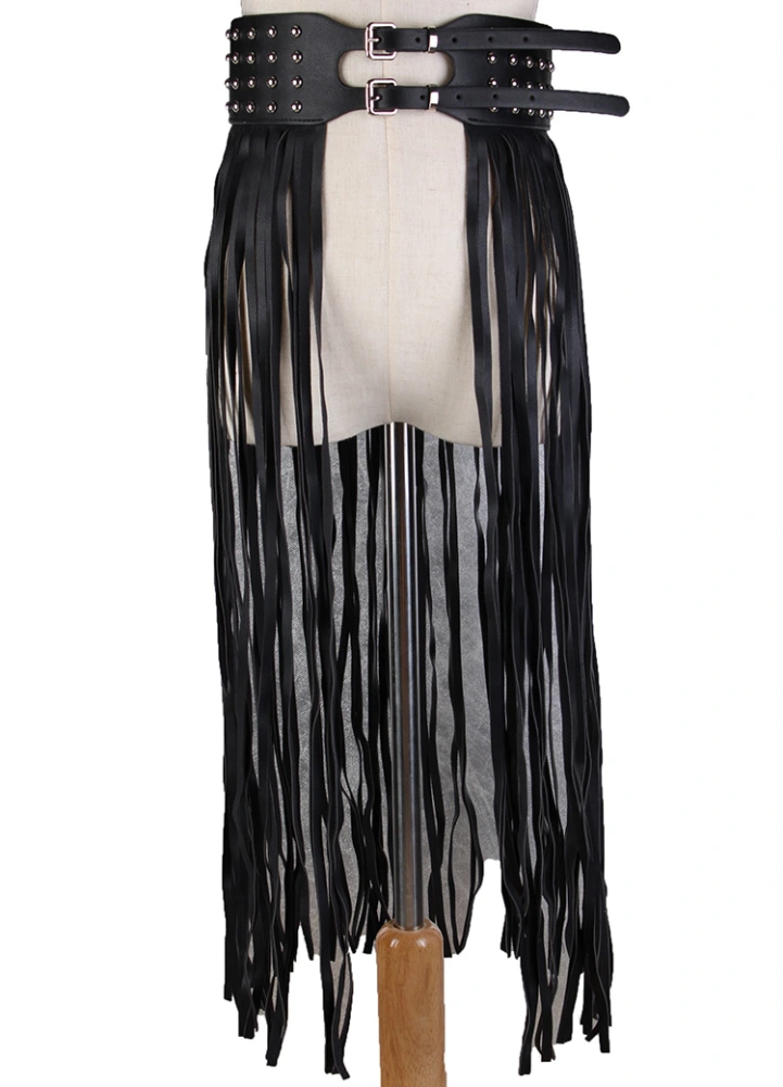 Fantastic Long Fringe Belt Black Leather Designer Belts