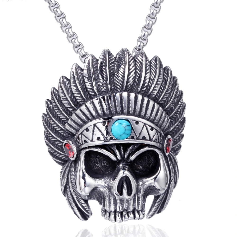 Stainless Steel Skull Necklace Vintage Takahashi Feather Titanium Steel Pendant