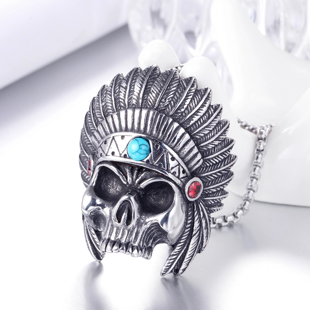 Stainless Steel Skull Necklace Vintage Takahashi Feather Titanium Steel Pendant