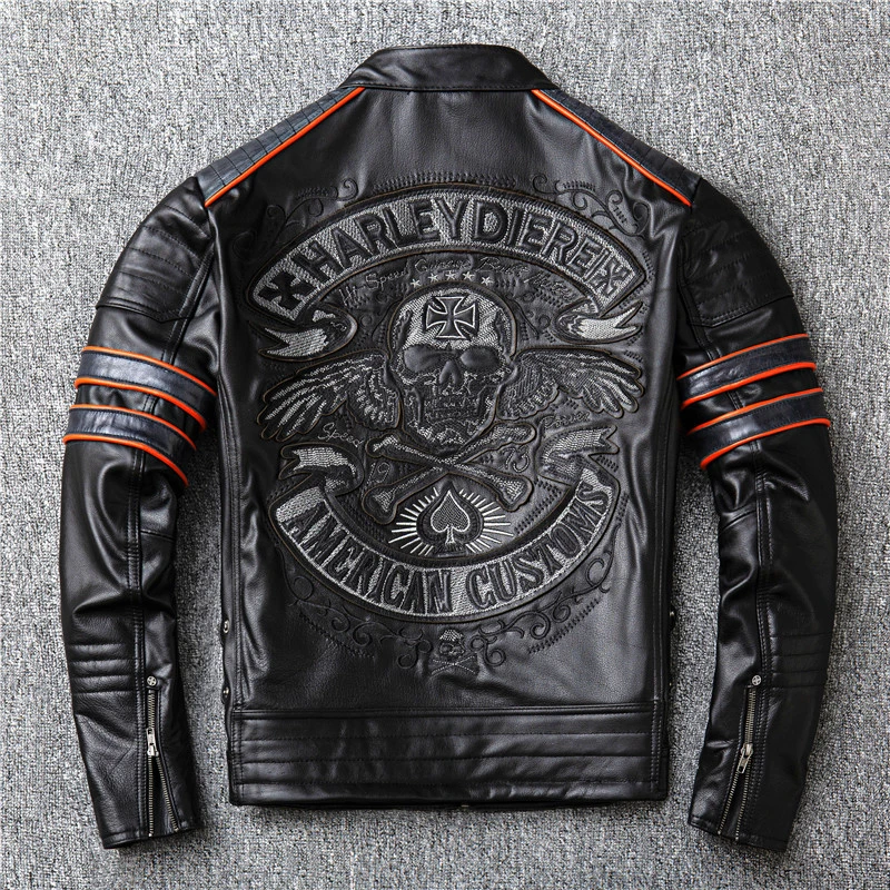 Embroidered skull motorcycle leather jacket Slim-fit leather jacket