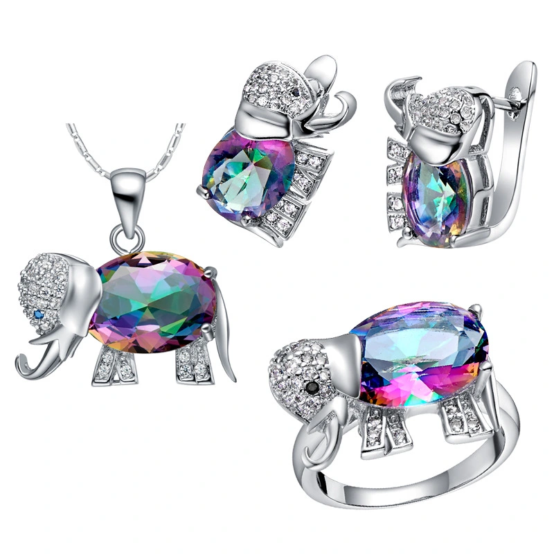 Colorful Stone Elephant Necklace Ring Jewelry Set