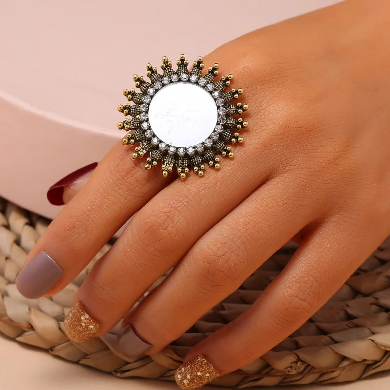 Exquisite Tibetan Vintage Gold Big Adjustable Sunflower ring