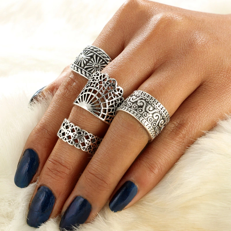 National style retro court set four-piece ring Openwork carved fan-shaped ring set European and American simplicity