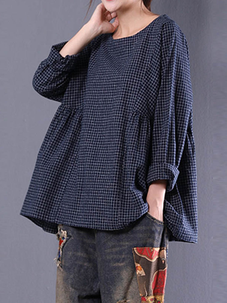 Women Crewneck Check Long Sleeve Loose Baggy Blouses