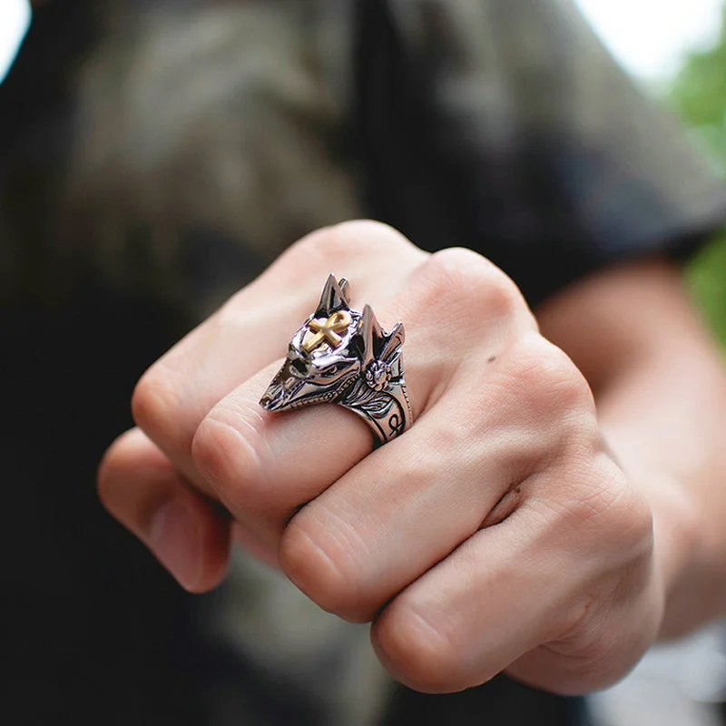 Cross Wolf Head Ring