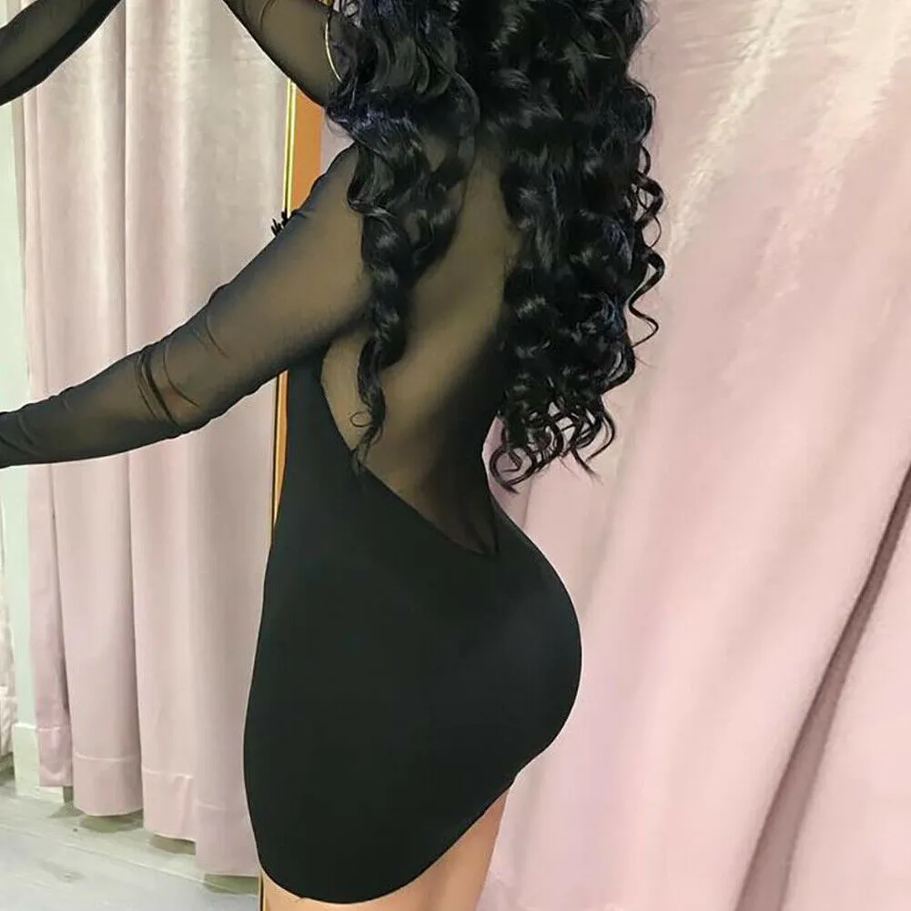 Mesh stitching slim see-through dress