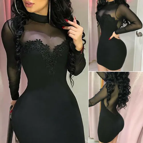 Mesh stitching slim see-through dress
