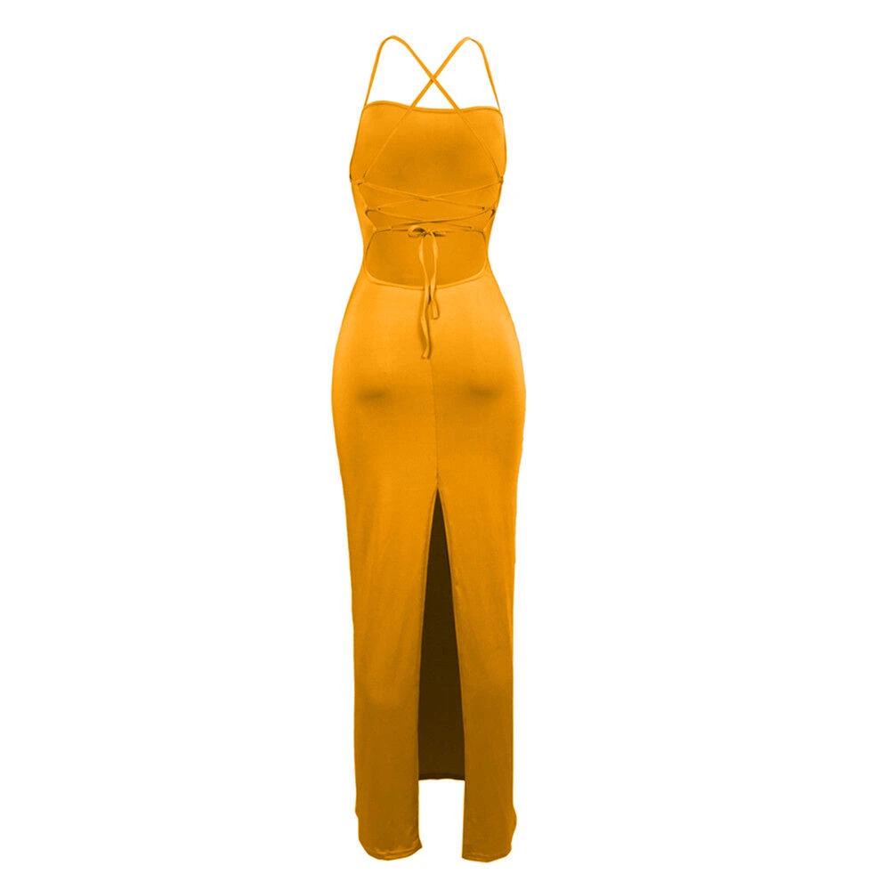 Hollow split solid color long dress