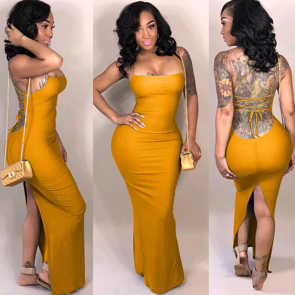 Hollow split solid color long dress