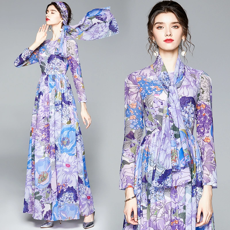 Slim-fit printed chiffon dress with large skirt