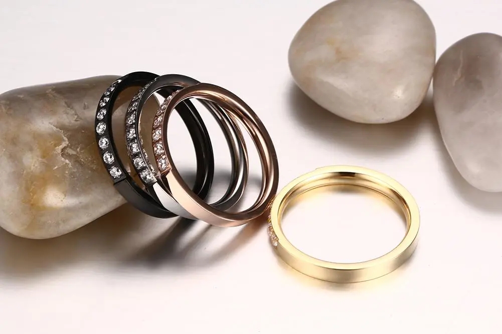 European and American style single ring ladies ring 3MM stainless steel zircon ring