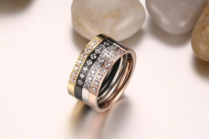 European and American style single ring ladies ring 3MM stainless steel zircon ring