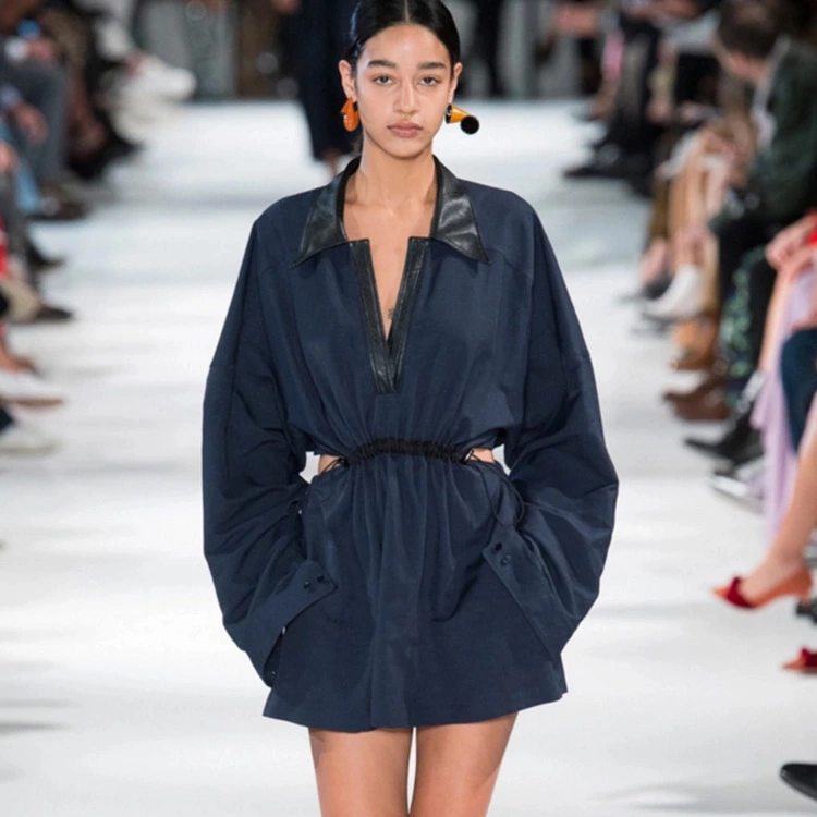 Spring and Summer 2021 European and American collar pulling rope loosely hollowed waist long sleeve blouse with copper-spandex medium-long style women''s shirt