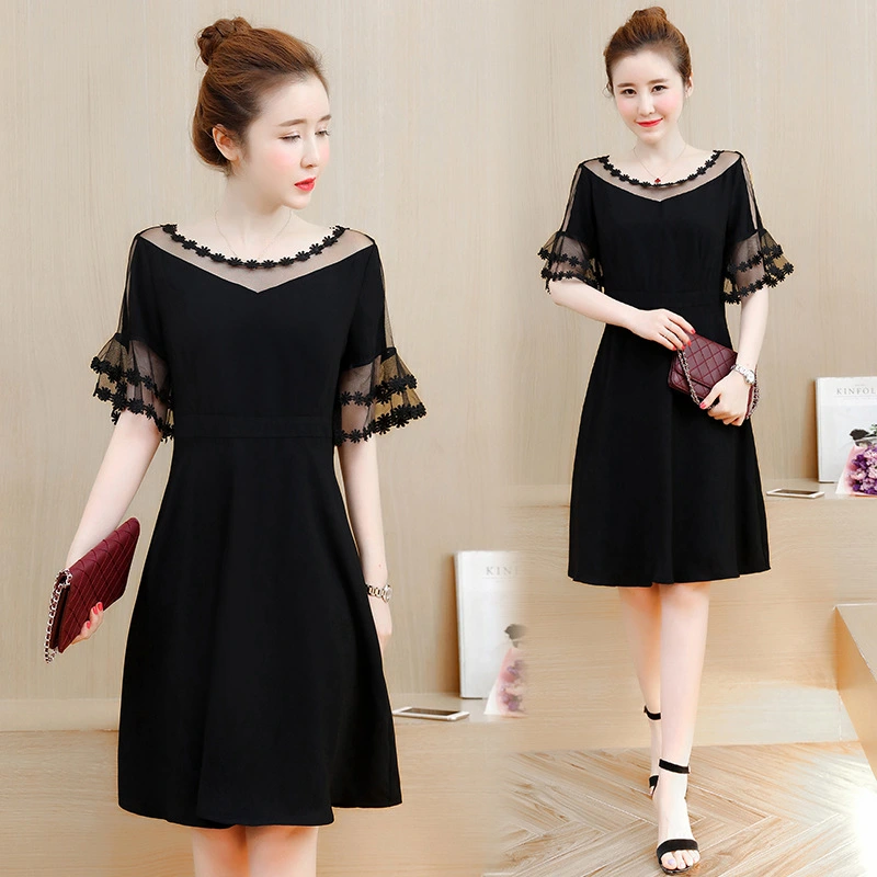Large size summer women's fat mm2021 new fat sister black hollow thin long dress 200 kg