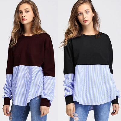 Autumn and winter women's new European and American fashion striped stitching round neck long sleeve pullover sweater