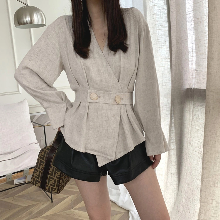 [lambo exclusive @ special] original linen solid waist folded autumn long sleeve shirt