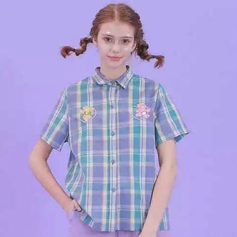 Taka Bear Bears Collection Women's Blue Purple Plaid Cotton Short Sleeve Shirt MCBF20