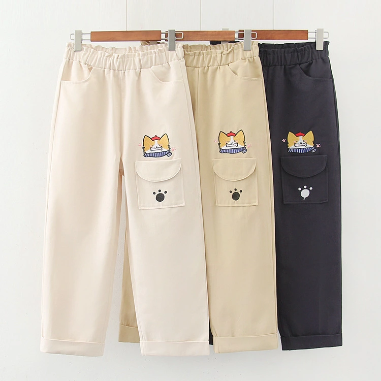 Cartoon Embroidery Casual Pants Girls Spring Straight Pants