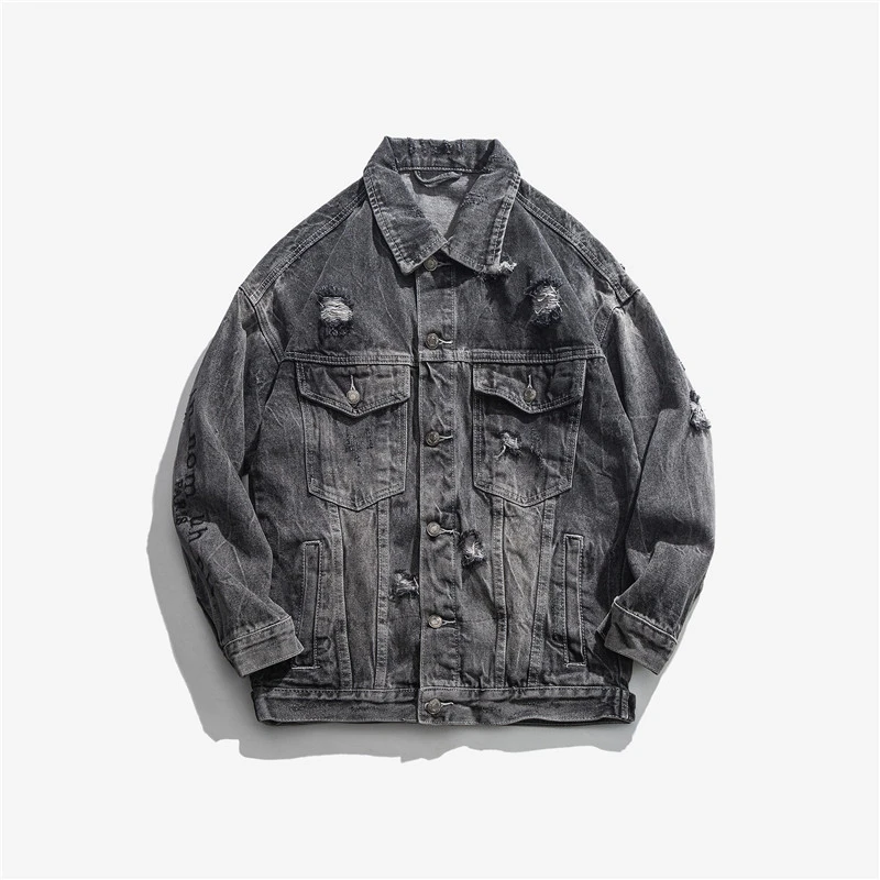 Baggy denim jacket with a ripped lapel