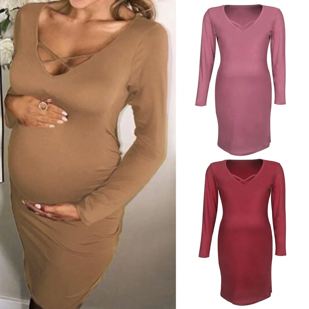 Solid V-neck Maternity Dress