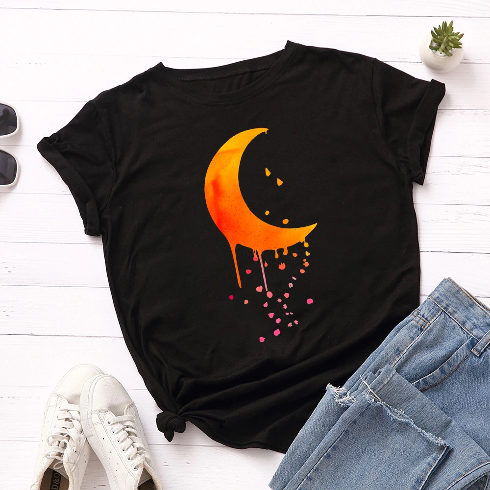 Round neck creative moon raindrops short sleeve t-shirt women