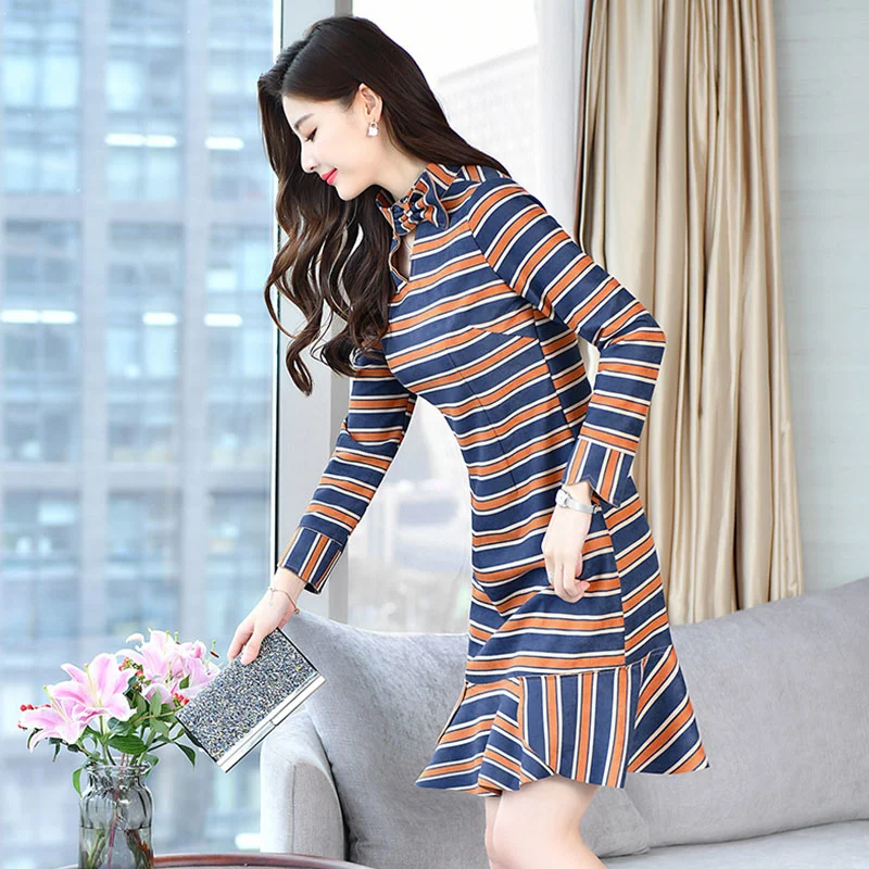 Long sleeved long striped slim dress