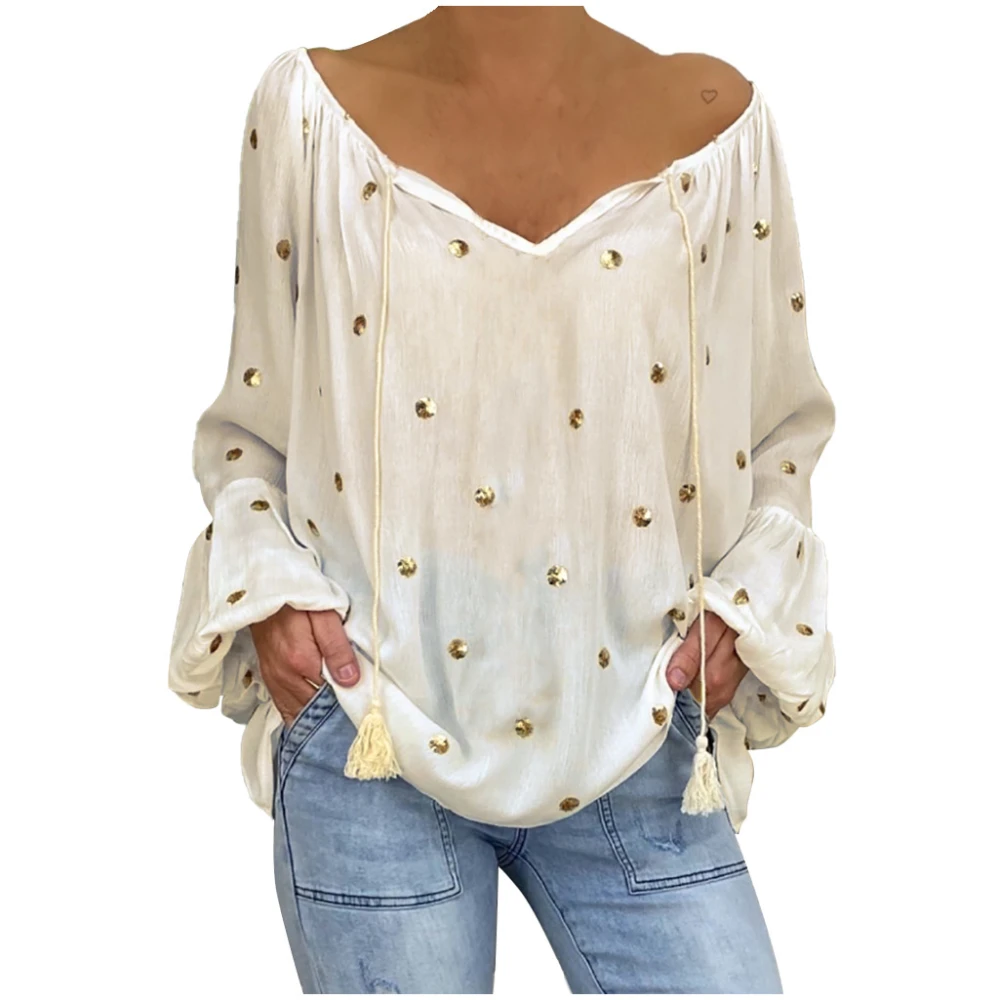 Loose Lantern Sleeve Hollow V-Neck Top