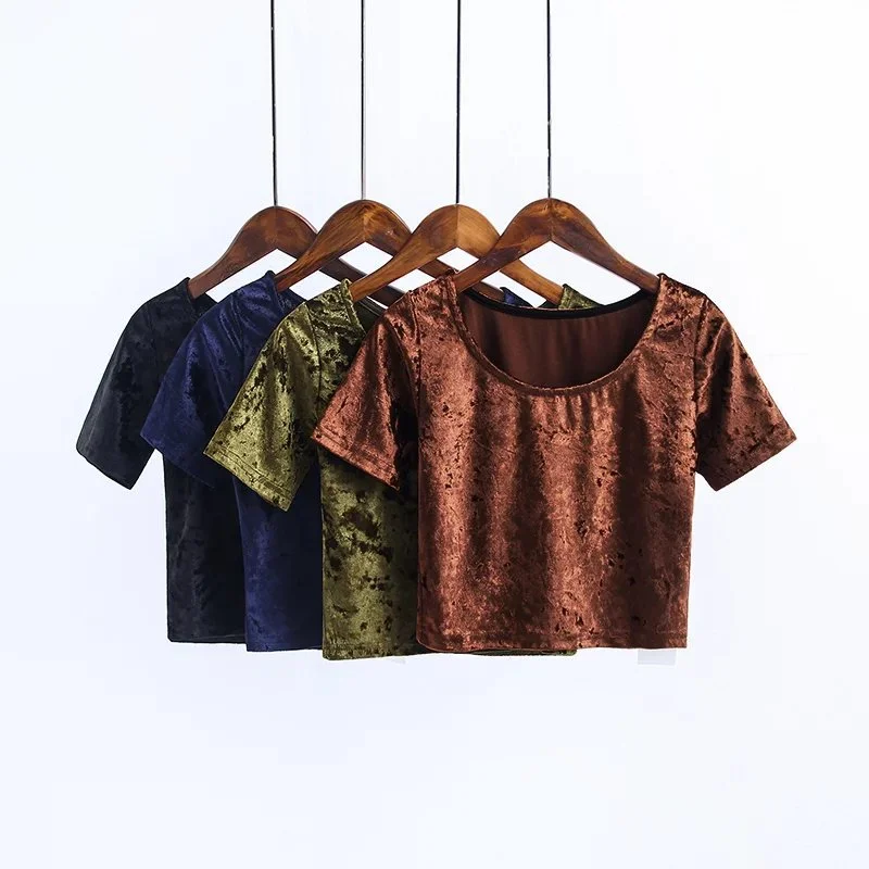 Slim-fit diamond velvet low round neck short cropped navel short-sleeved T-shirt