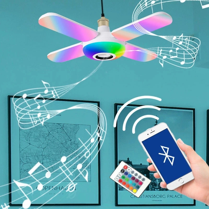 LED Four-leaf Bluetooth Music Lamp Colorful Intelligent Audio Folding Bulb Lamp Remote Control Deformable Ceiling Fixture Lights