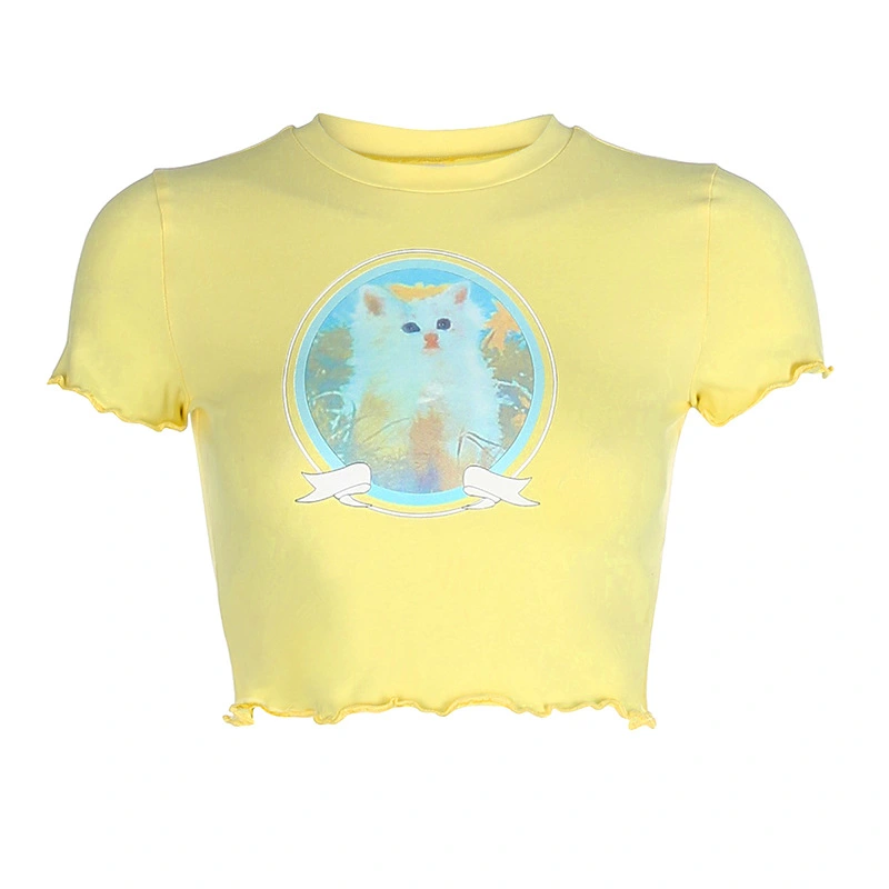 Printed Round Neck T-shirt Short Cropped Women's Bottoming Shirt Summer