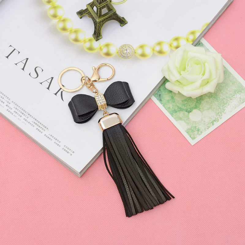 Double Layer Diamond-studded Leather Bow Tassel Car Keychain