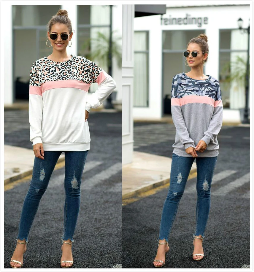 Camouflage leopard pattern stitching round neck long sleeve top