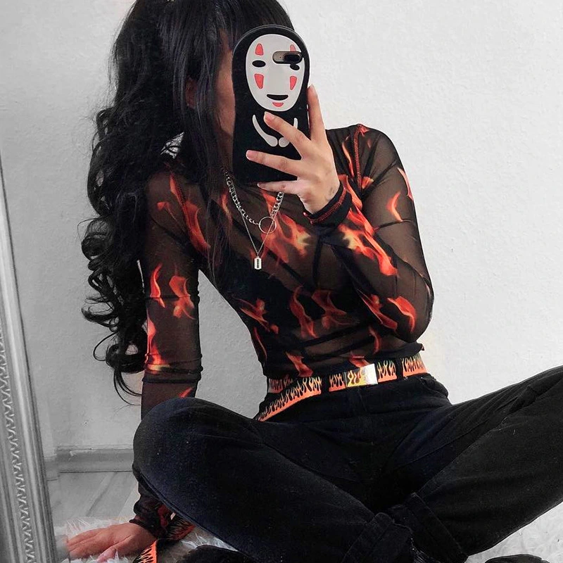 Flame mesh cutout long sleeve T-shirt