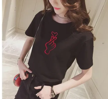 Short-sleeved t-shirt female embroidery simple bottom shirt embroidered female students T-shirt tide