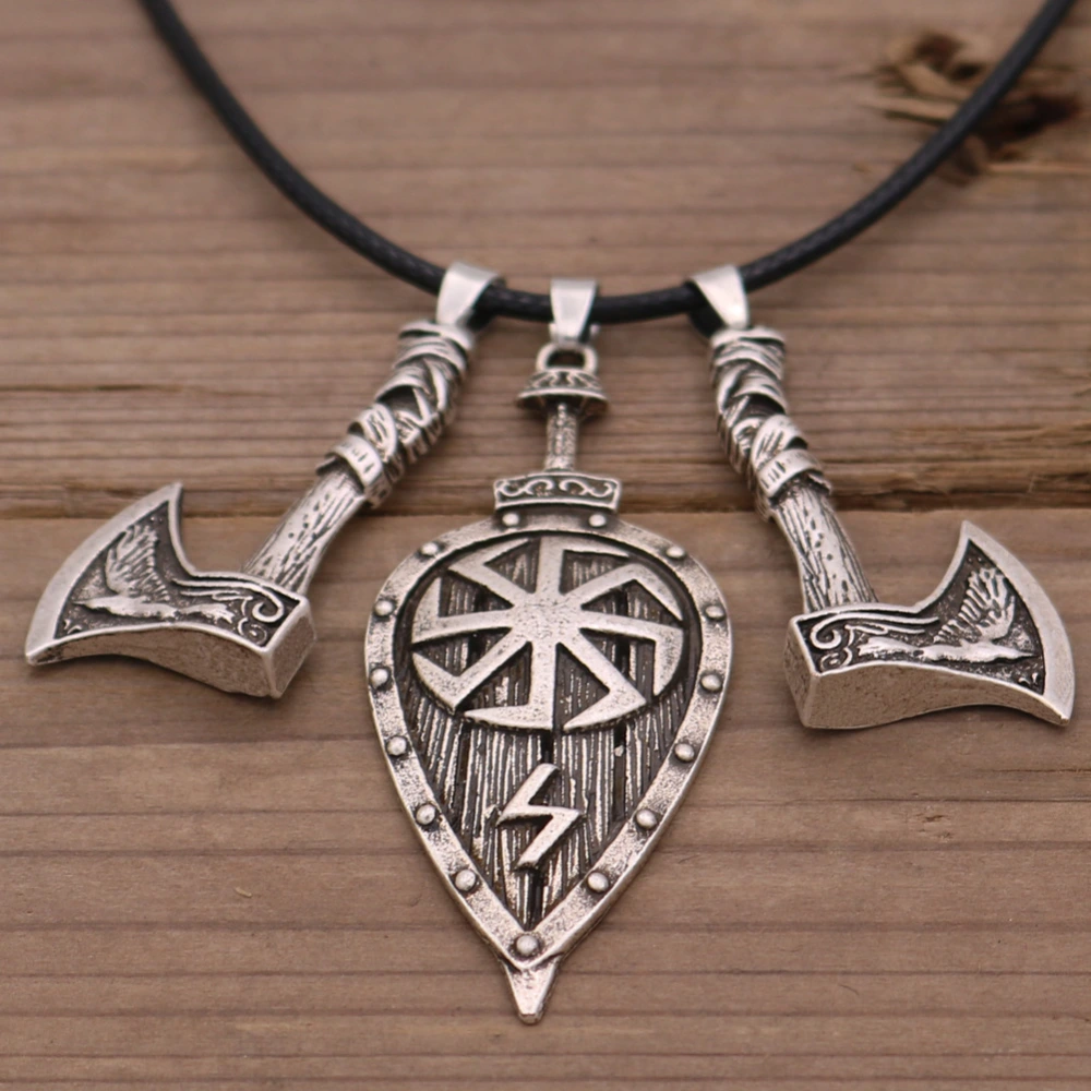 Viking Double Axe and Leaf Necklace Rune Pendant