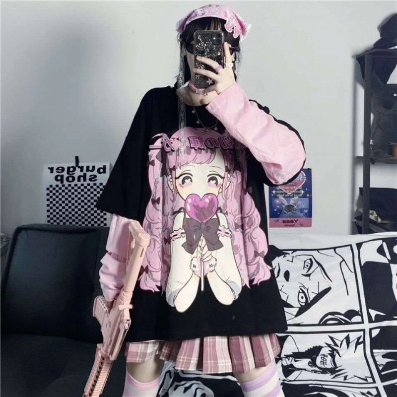 Cartoon Print Loose Korean Version Of Fake Two Long Sleeves