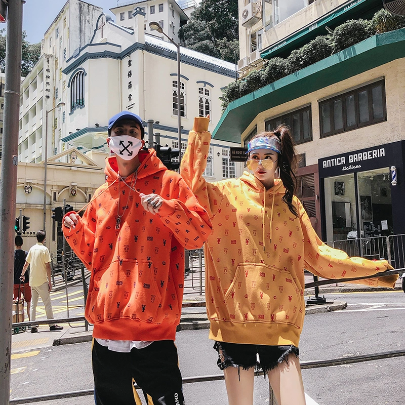 Street hip hop hipster couple loose printed hooded sweater