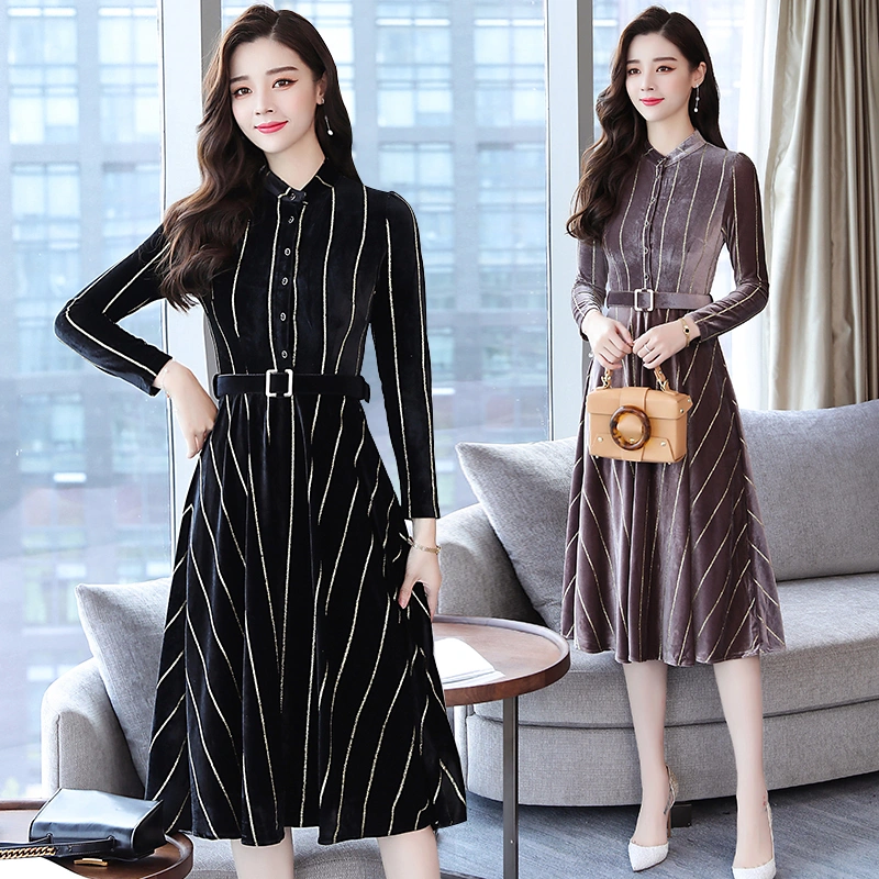 New Vertical Golden Velvet Long Sleeve Dresses in 2021