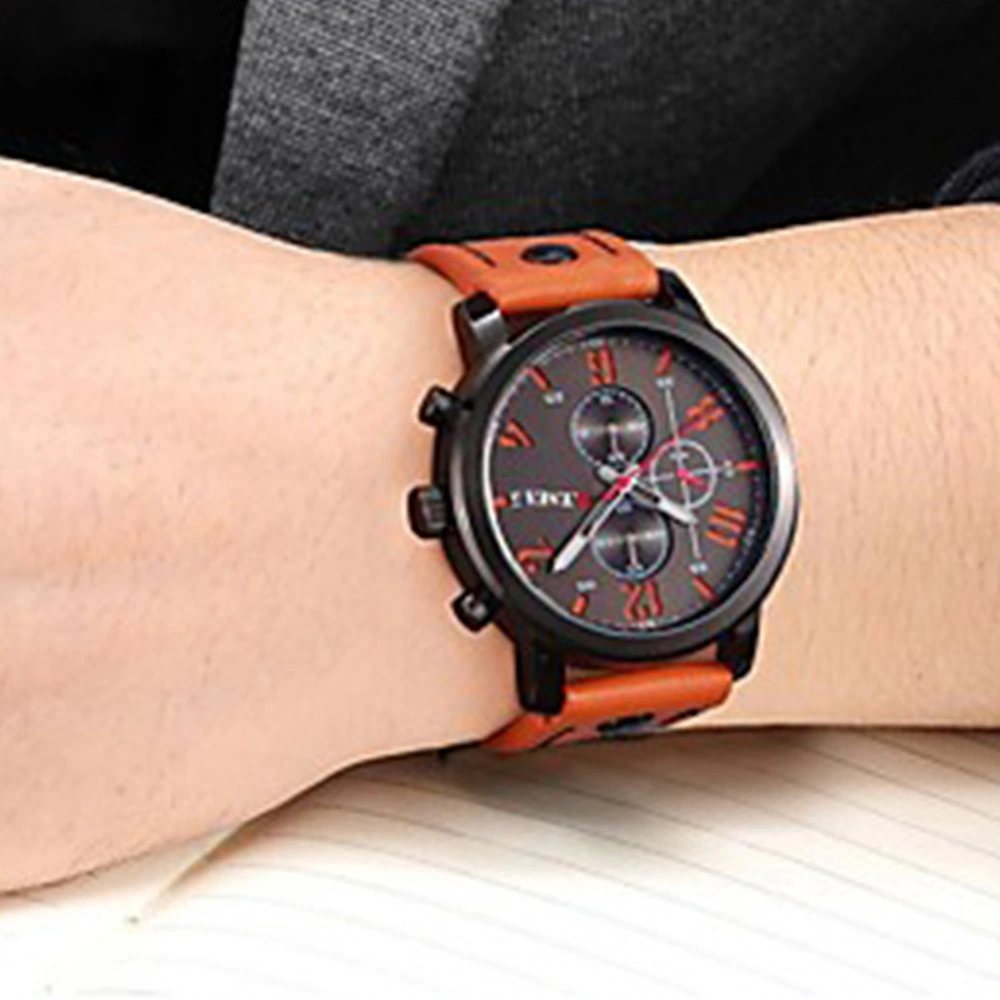 Men's fake three-eye strap watch quartz watch