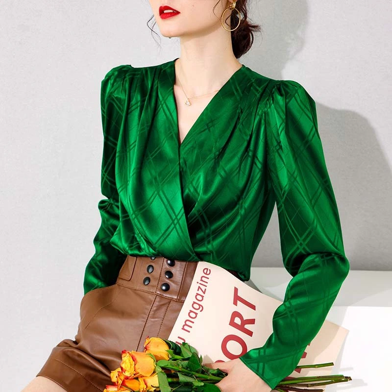  High-end Jacquard Silk Shirt Women Fashion Lamb Leg sleeves V-neck Mulberry Silk All-match Blouse