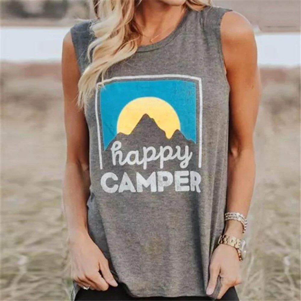 AliExpress Zinc Hot Sale Women's Sleeveless T-Shirt Happy Camper Letter Printed Vest