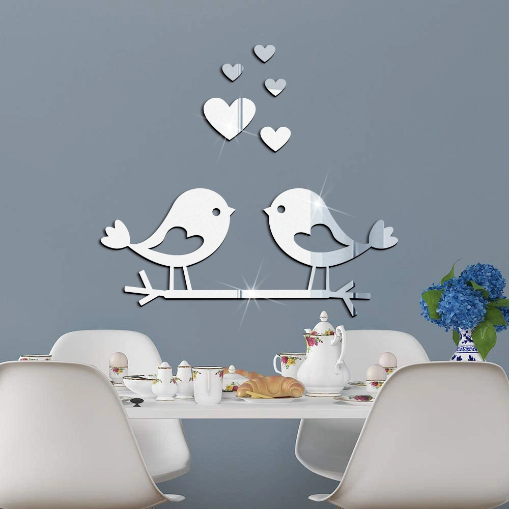 Lovebirds Heart Shaped Stereo Acrylic Mirror Sticker Bedroom Living Room Decoration 