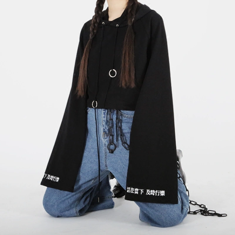 Harajuku Punk Oversized Sleeve Hoodies Chinese Letter Live Currently Embroidery Hooded Street Sleeve Sweatshirts